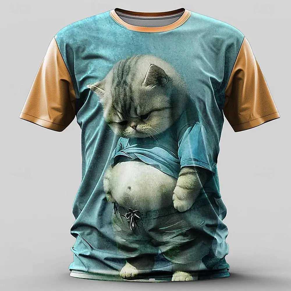 Interesting mens T-shirt animal cat 3D printed short sleeved summer casual breathable T-shirt mens loose oversized T-shirt W250324