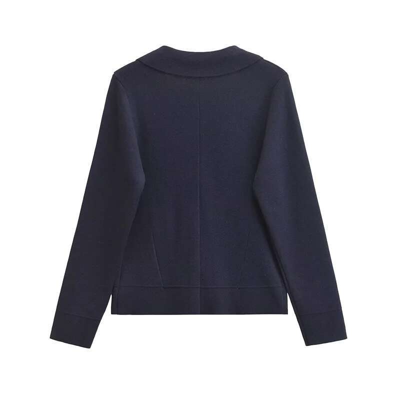 Autumn New Women's Wer Buttons Decoration Knit Cardigans Office Lady V-Neck Long Sleeve Navy Blue Sweater