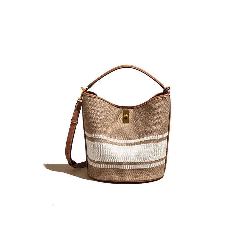 Women's Bags new niche design bucket high-end sense, contrasting color canvas woven bag, handle bag