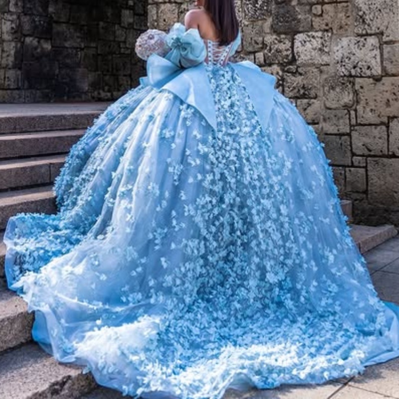 Blue Shiny Princess Quinceanera Dresses Appliqued Flower Beads Tull Bow Sweet 16 Dress Sweetheart Off Shoulder Ball Gown Vestidos 15 anos