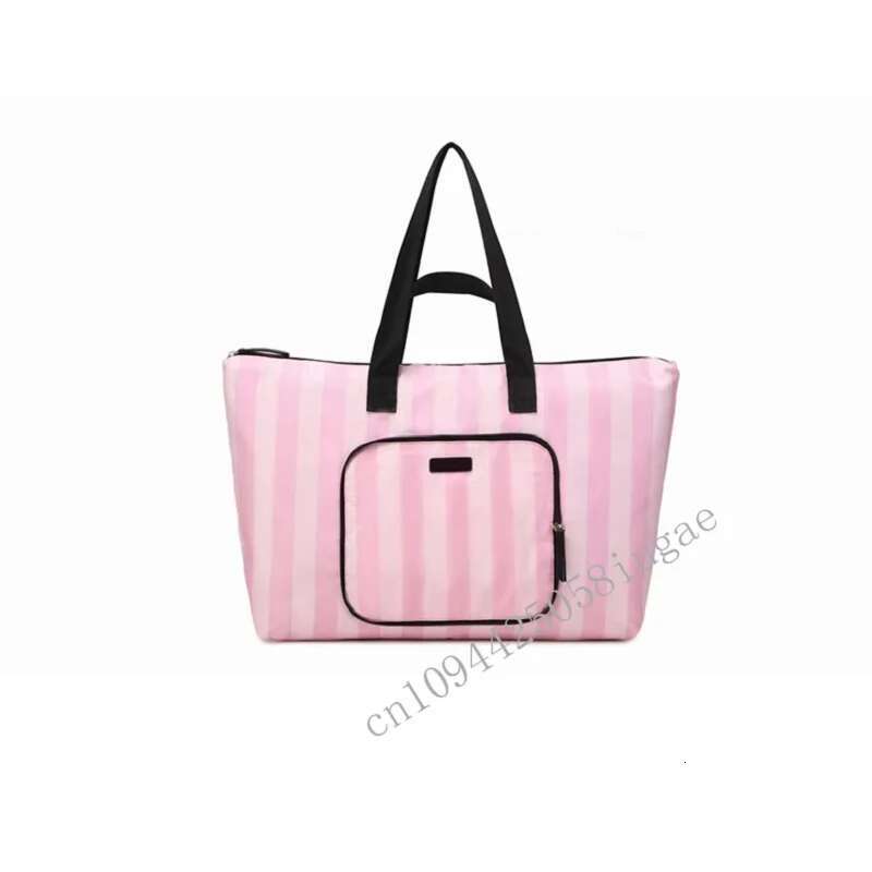 Large Capacity New Handbag Pink Stripe Travel Shoulder Canvas Women's Fashion Portable Shopping Bag