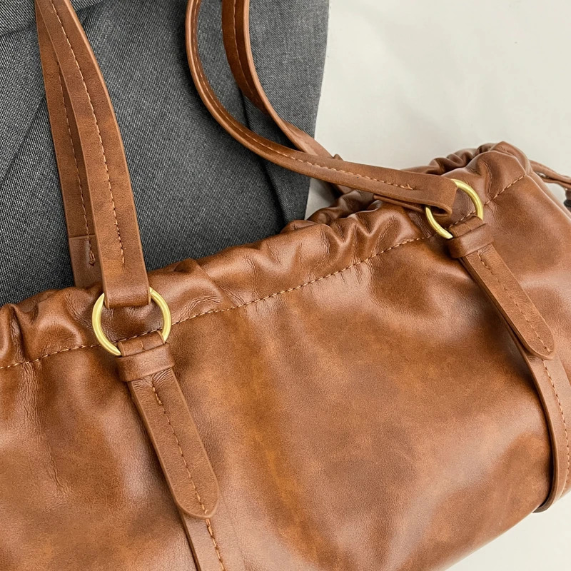 Womens Retro Fashion Drawstring Handbags Large Capacity PU Leather Underarm Bag Buckle Closure Hobo Bag for Shopping Travel Work 250324