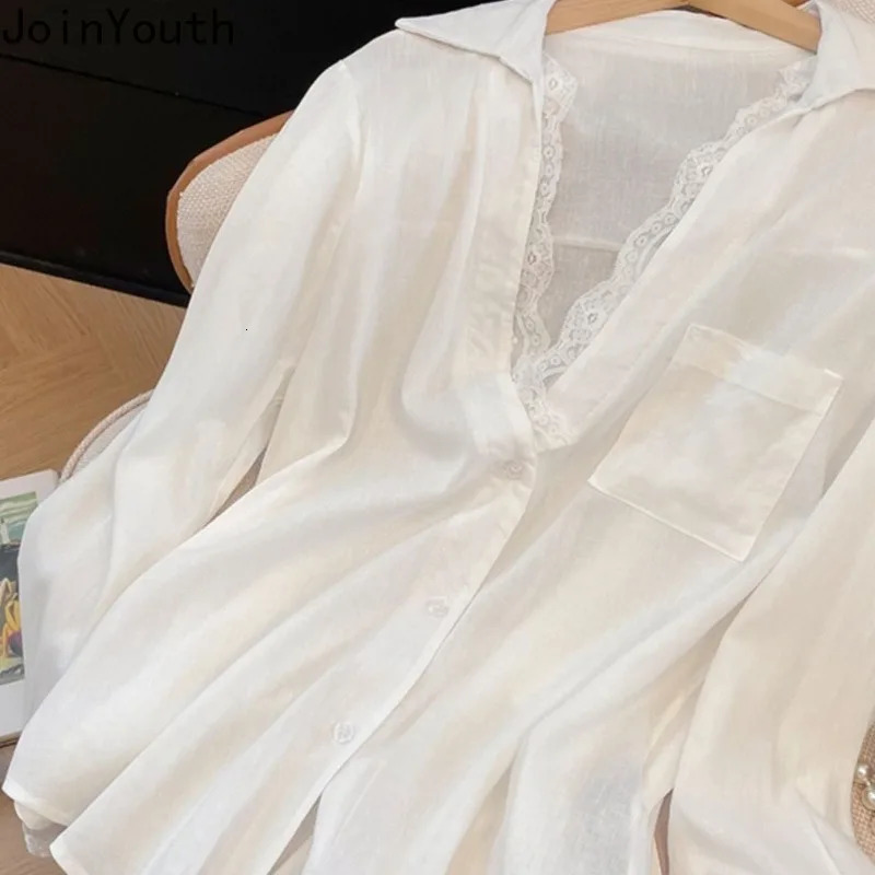 Camisas De Mujer white long sleeved shirt womens shirt patch work lace fashion shirt see through oversized sexy top 250322