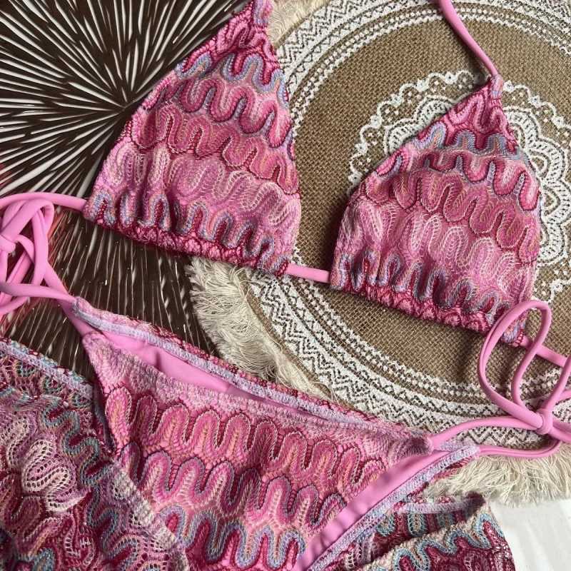 Knitted bikini set with three sexy striped swimsuits for middle-aged and elderly polyester fiber beach printed knitted bikiniXJ250324