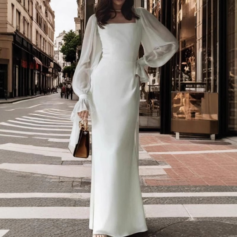 MU5245 A3 high quality new French style square neck splicing mesh slightly transparent trumpet sleeve waist slim color fishtail dress