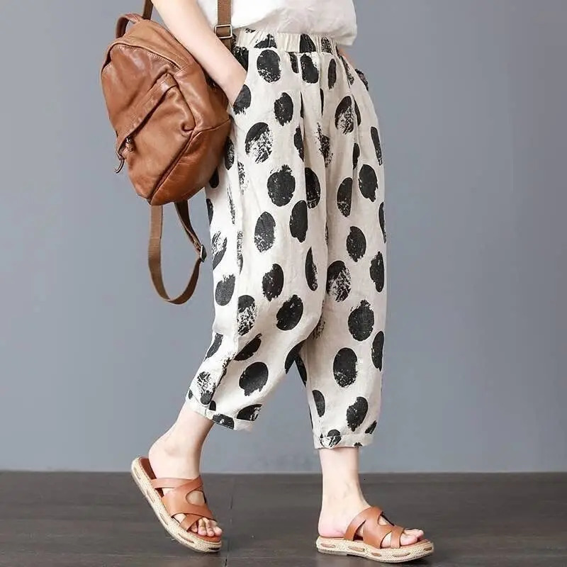 Summer harem pants for women retro fashion printed loose cotton linen casual wide leg 250324Z