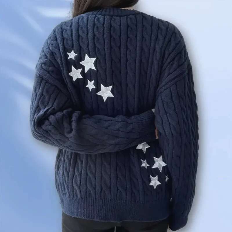 Winter Midnight Navy Blue Knitted Cardigans Women Spring Y2k Casual Star Embroidery Single Breasted Xs-5Xl Sweaters Dropshiping