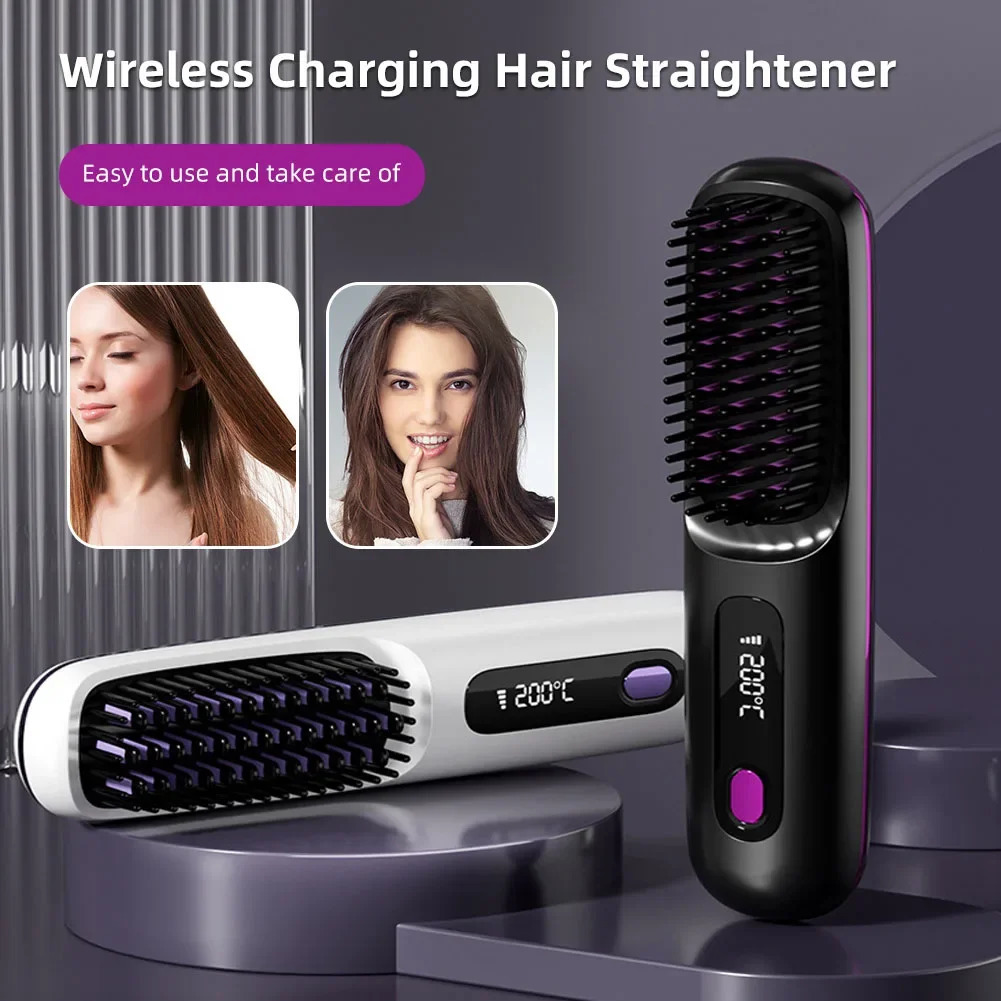 Hair Straightener Brush USB Rechargeable Cordless Negative Ions Brush Electric Fluffy Curly Hair Styling Detangling Comb 250324
