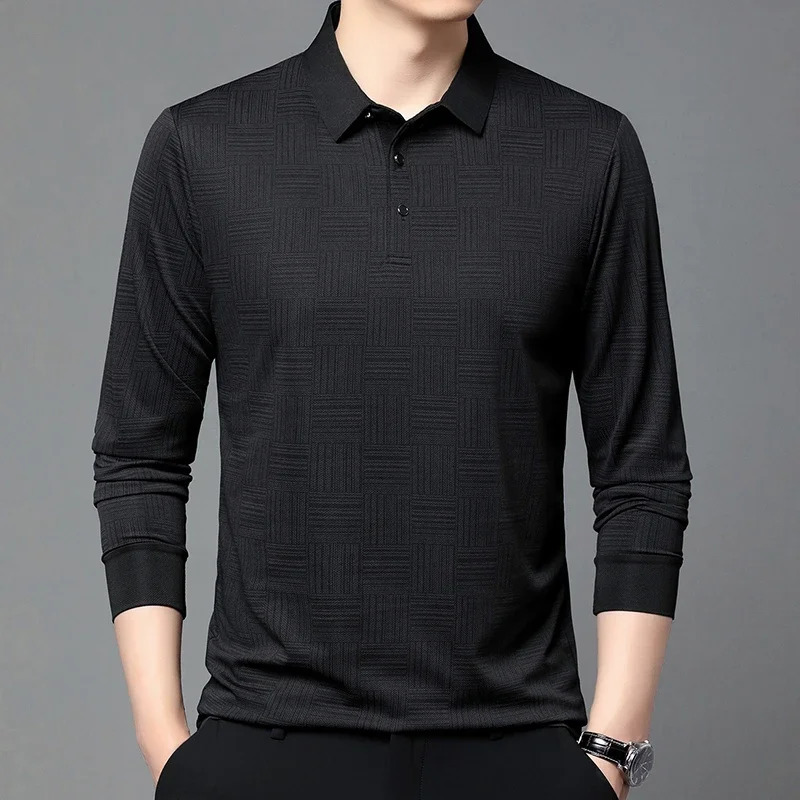 Mens business casual long sleeved solid color polo shirt fashionable breathable and comfortable Versatile top 250411