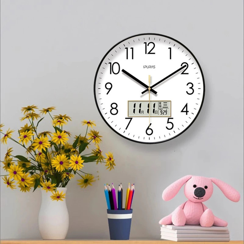 Modern Atomic Wall Clock Temperature Digital Calendar Analog Silent Wall Clock Round Non-Ticking Wall Clock for Office Bedroom 250325