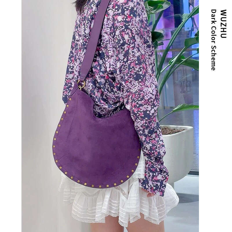 Women's Bags Small niche design rivet frosted purple cowhide large capacity tote bag, new versatile and fashionable single shoulder crossbody bag