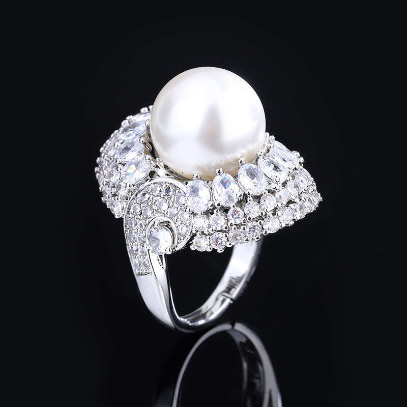 Zhuang Shengsheng Jewelry Copper Plated Platinum New Style Set with Mother oubrey Pearl, Dia, and Charm Women's Ring 14mm