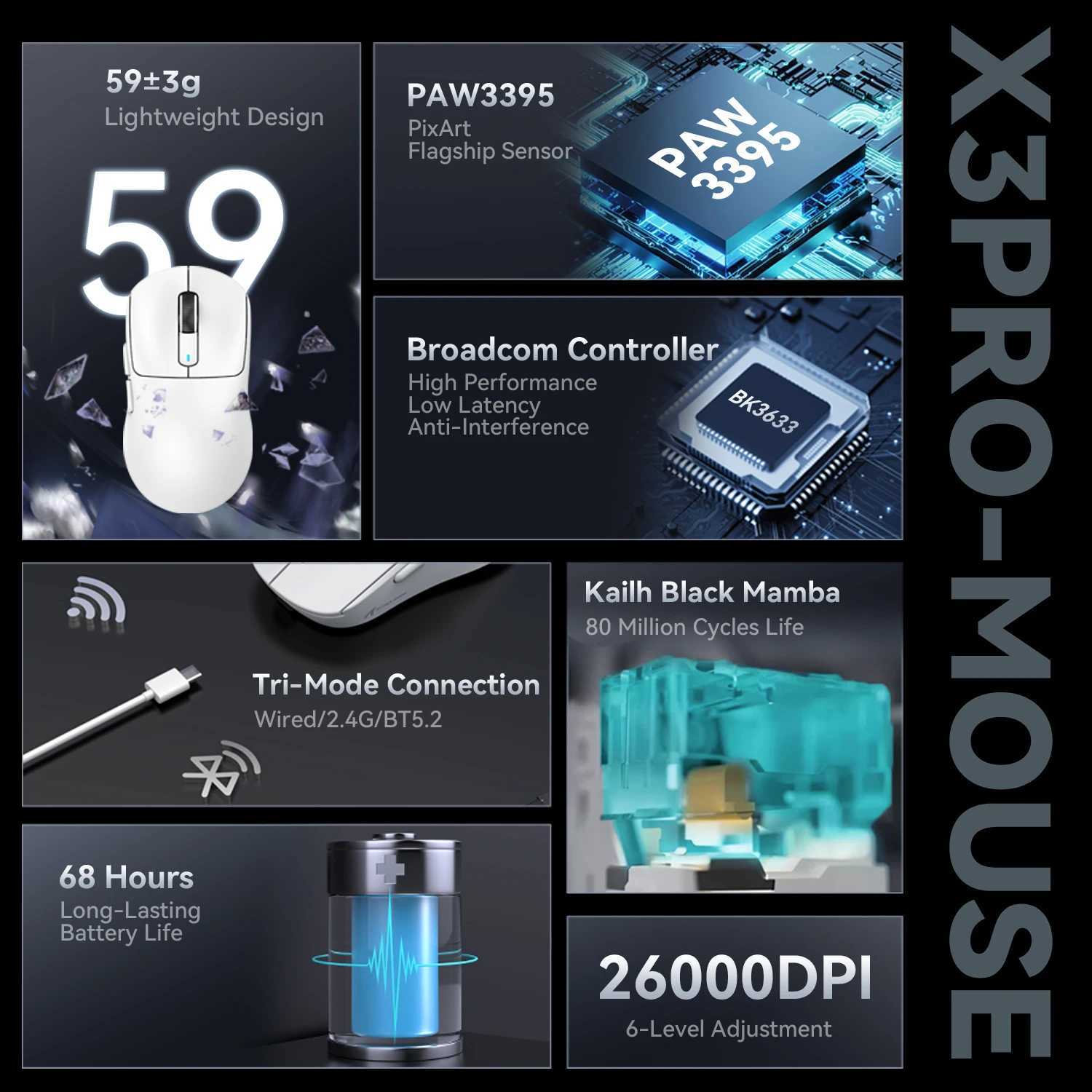 Attack Shark X3 PixArt PAW3395 Wireless Mouse 26K DPI Lightweight Mouse the third mock examination Macro Game Mouse Laptop/win/mac O250325