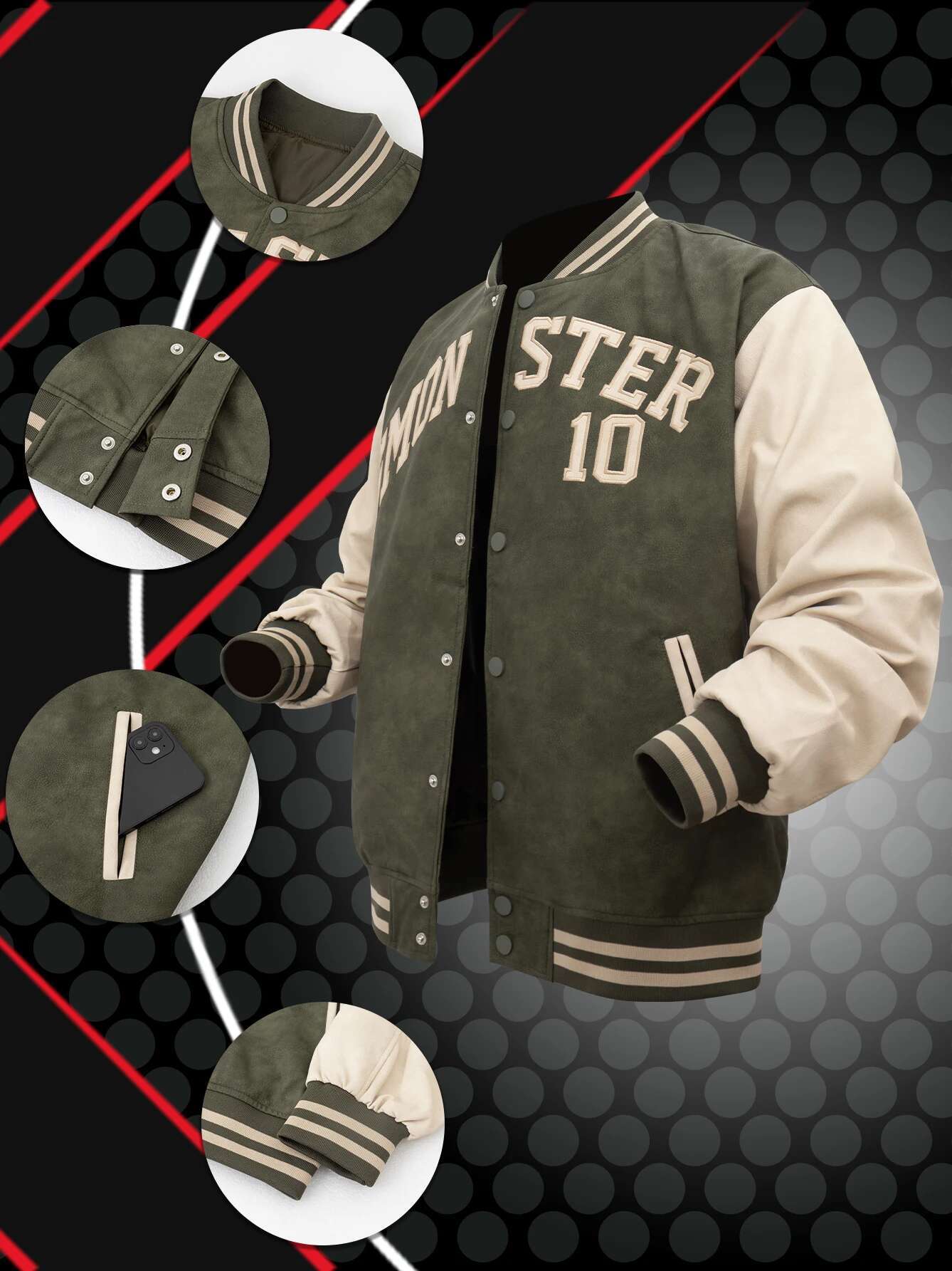 Men's Vintage Jackets Embroidery Faux Leather Baseball College Coats Varsity Letterman Bomber Jacket For Fall&Winter