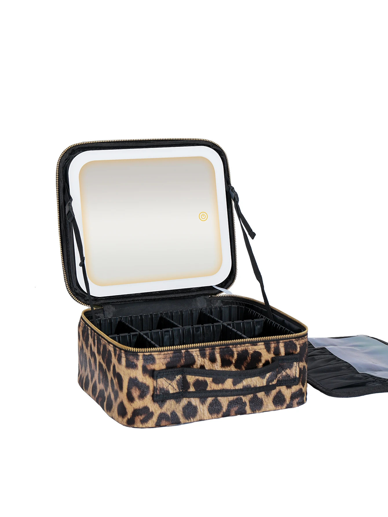 Makeup bag with mirror and light 3-color dimmable LED makeup box organizer accessories train LEOPARD 250320