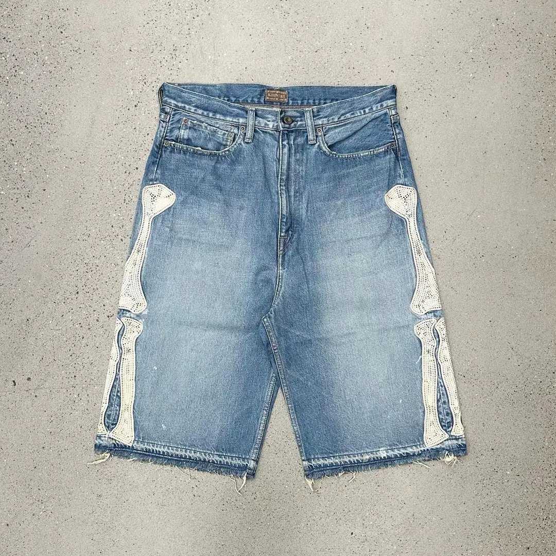 Harajuku Street Trend Y2K Bone Embroidery Five-point Jeans Mens Loose Straight Pants Washed Blue Jeans Summer Shorts for Men T250603