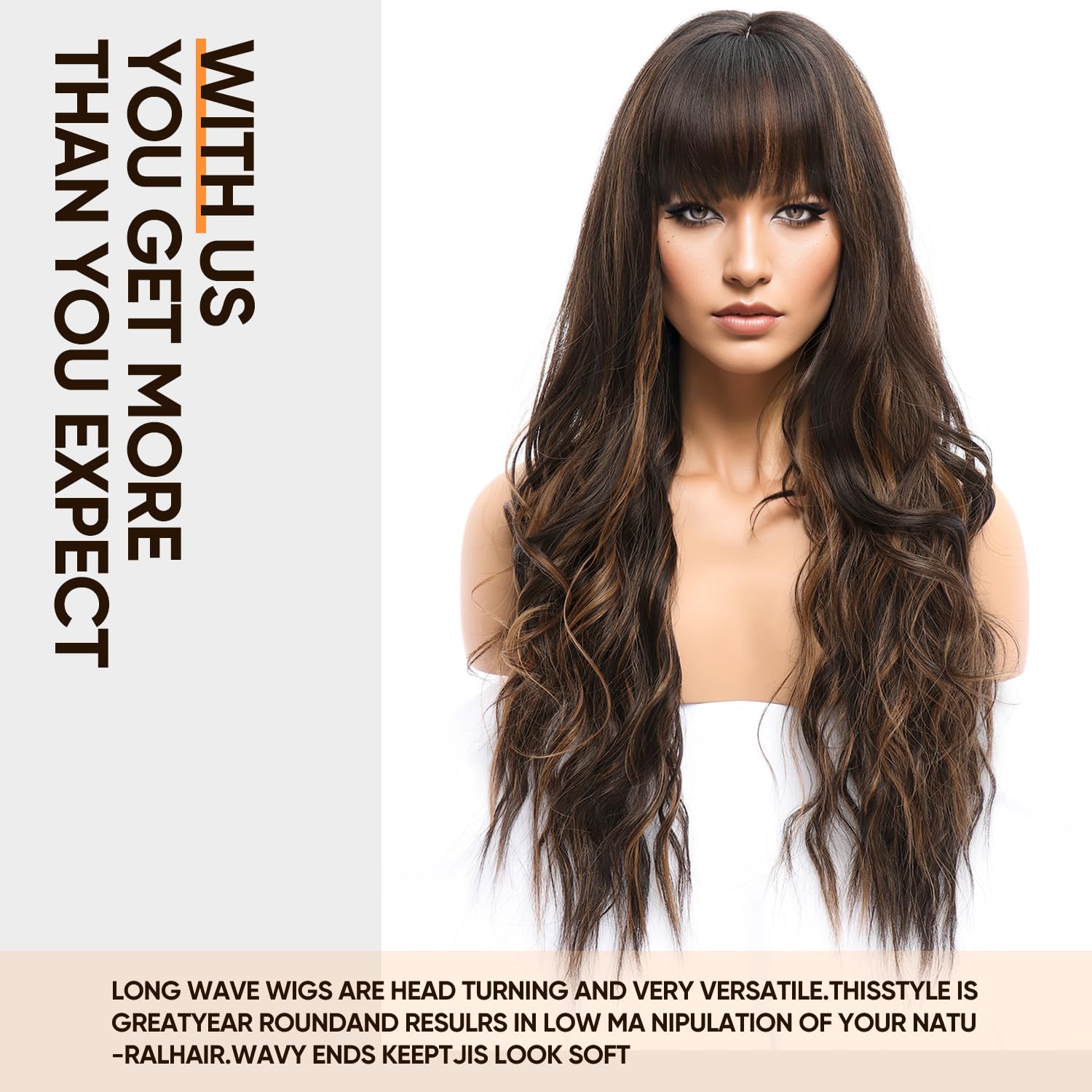 Brown Highlight Wig with Bangs Long Wavy Wig for Women Dark Brown Wigs with Highlights Natural Appearance Heat-Resistant Synthetic Wig Suitable for Fa