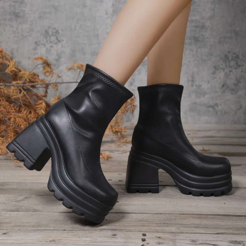 New Fashion Short Boots Women Sexy Leather Boot Square Toe Casual Zipper High Heels Casual Thick Soled Women Shoes Atos