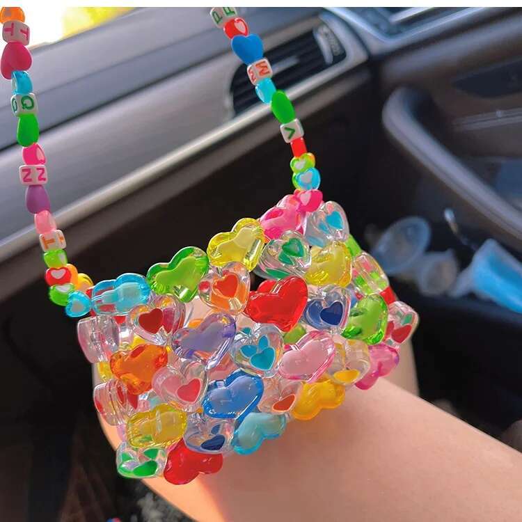2025 New Handmade Designer Fashion Bead Bag Rainbow Heart Jelly Handbag Beads4