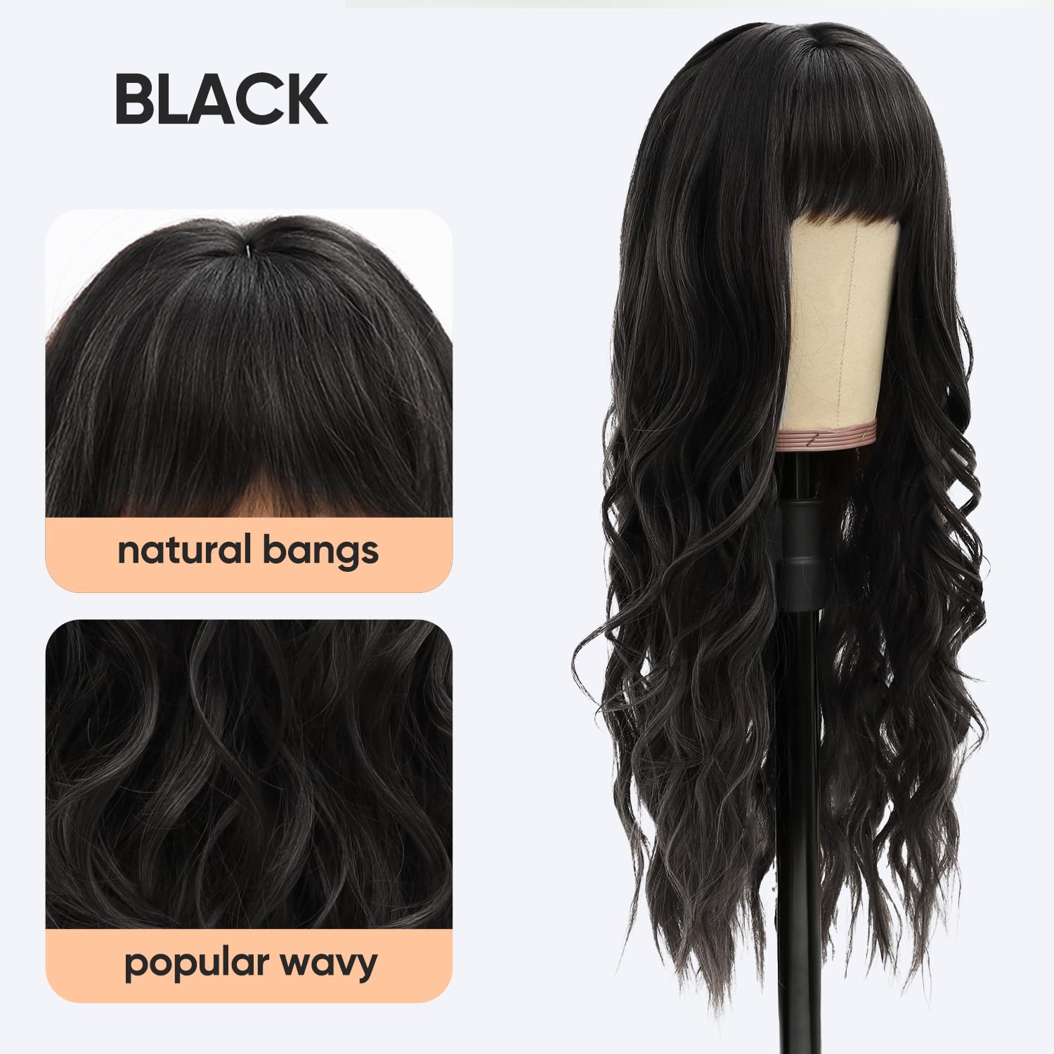 Long Black Wig for Women 1B Wavy Wig with Bangs Natural Looking Synthetic Hair Wigs for Daily Party Use