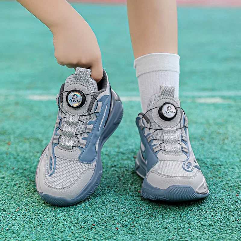 Fashionable childrens basketball anti slip and wear-resistant sports shoes for boys and girls mesh breathable rotating buckle young casual coach W2503