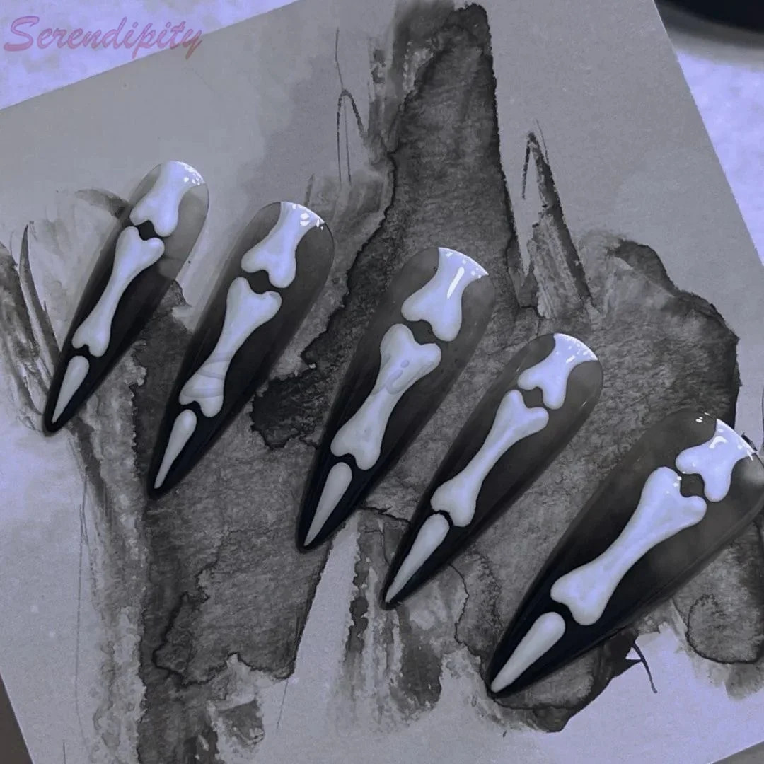10 Halloween Night Lights Gothic Bone Press Nail Gloss Long Almond shaped Nails Sweet Cool Full Cover 250324