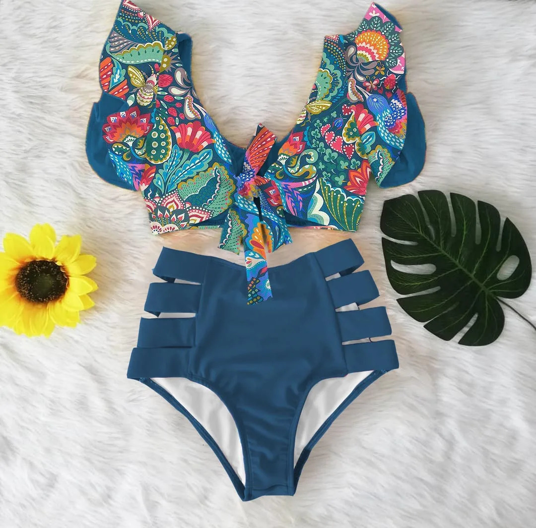 2024 printed swimsuit womens high waisted bikini ruffled push set summer 250321