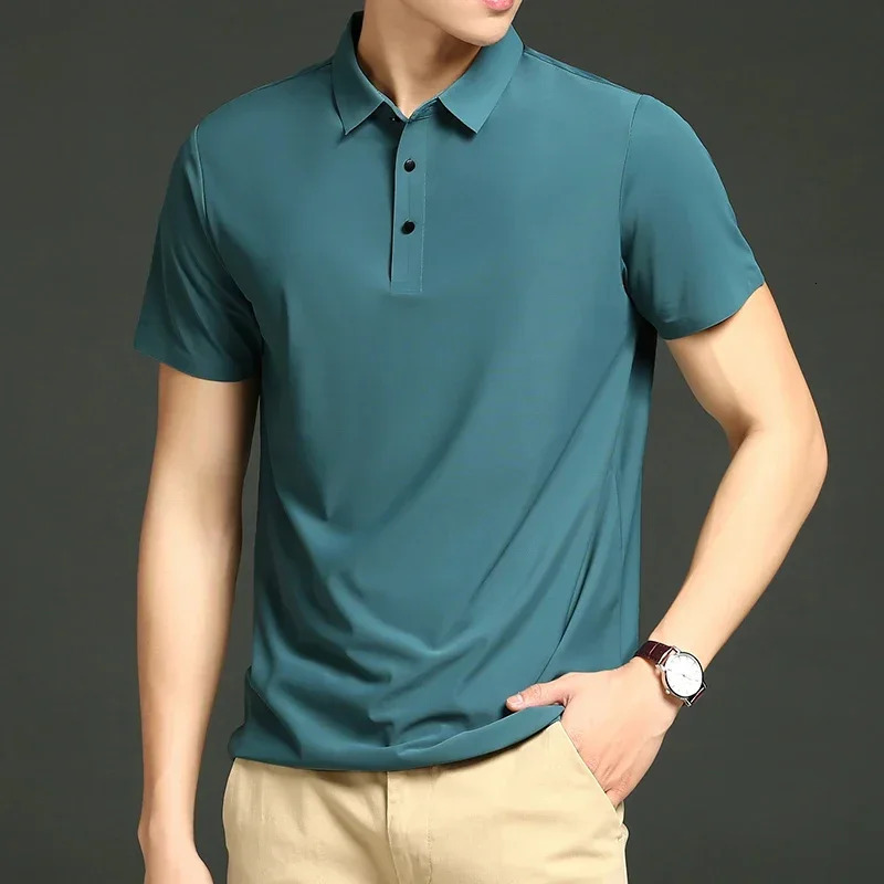 Summer Tshirt Short Sleeve Stretch Ice Silk Polo Shirt Men Business Casual Lapels SlimFitting Seamless Mercerized Thin Top 250311