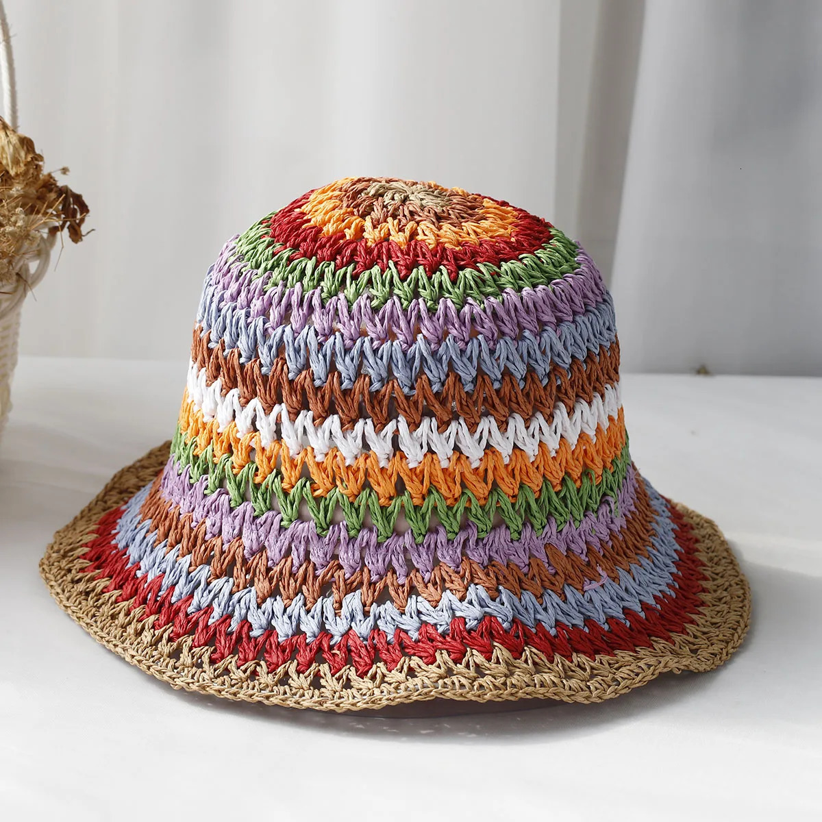 Rainbow woven womens sunscreen hat summer Japanese straw hat protective fashion breathable hollow beach sun hat 250320