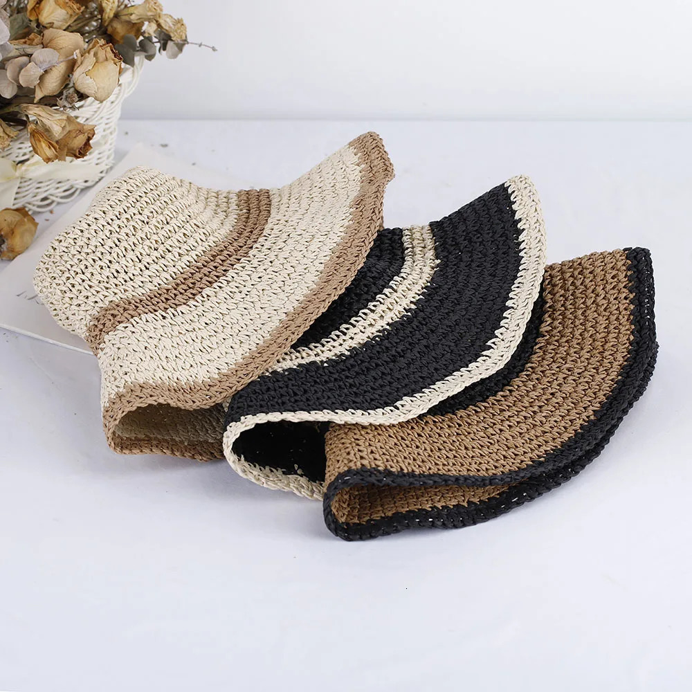 Girls Fashion Style Bucket Hat Multi Color Folding Sun Stripe Hat Used for Beach Travel and Vacation Handmade Straw Hat 250320