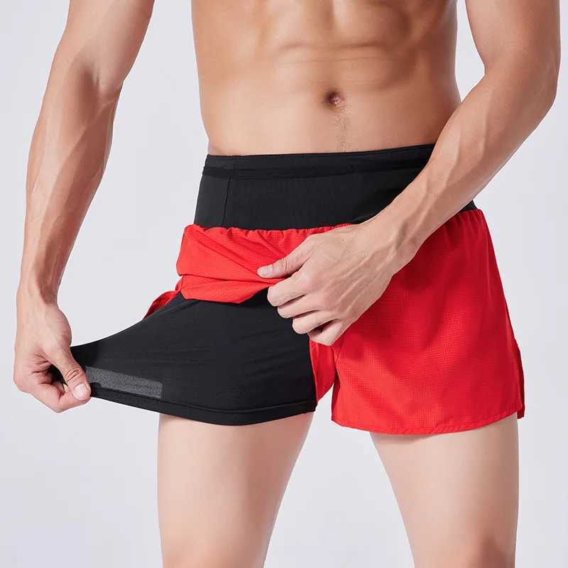 (S-4XL) Double layer fast drying marathon running shorts with zip pocket trackless fitness training shorts W250324