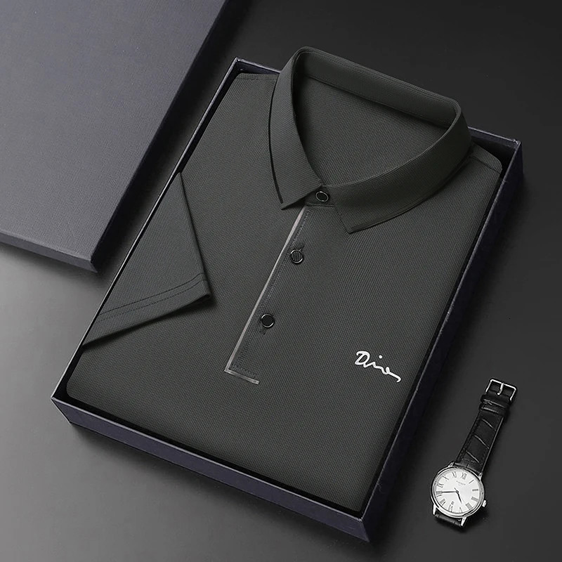 Ice Silk Polo T Shirt Mens Short Sleeved Solid Color POLO Breathable and Comfortable Elastic Tops 250311