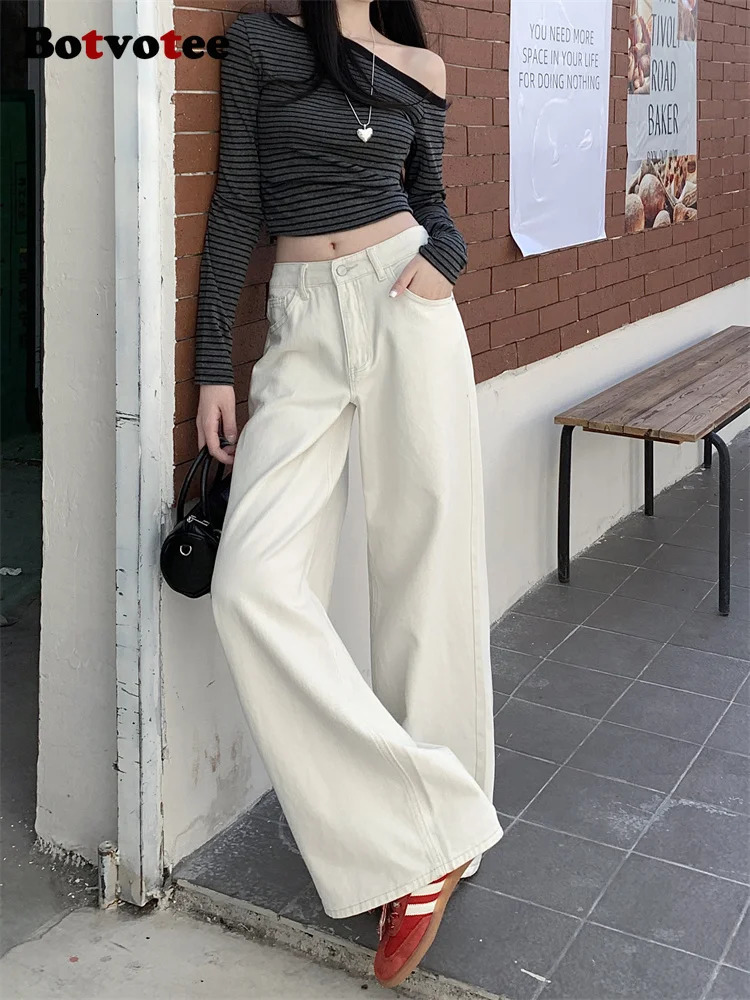 Botvotee Milk White Baggy Jeans SpringSummer 2025 Korean Fashion Leather Cover Y2k Loose Large High Waist 250324