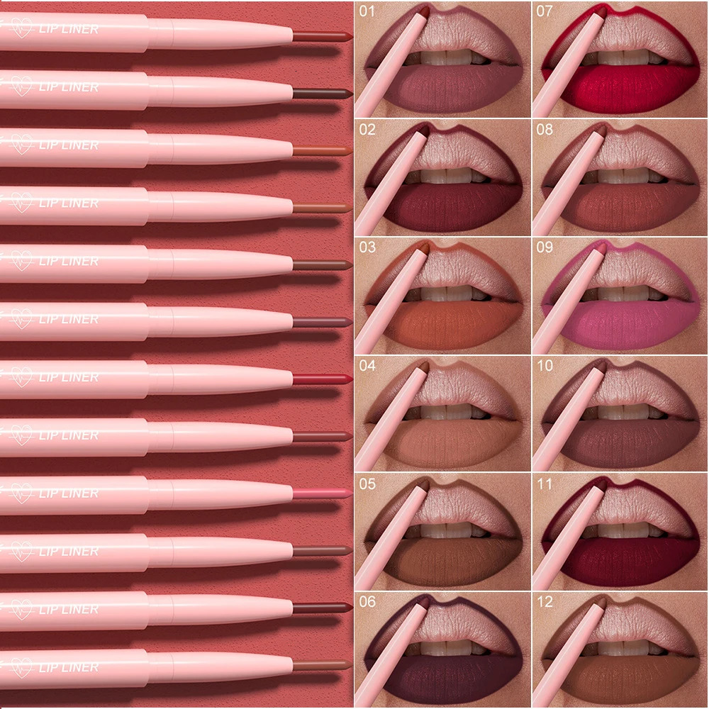 12Pcsbox Matte Lip Liner Pen Set Soft Red Contour Tint Lip Crayon Waterproof Non-stick Cup Lipliner Matte Lipstick Pencil Kit 250324