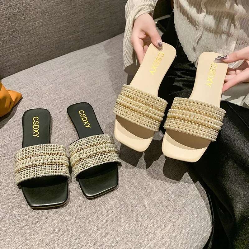 Designer Flat square head women's slippers casual everything home bedroom beach shoes