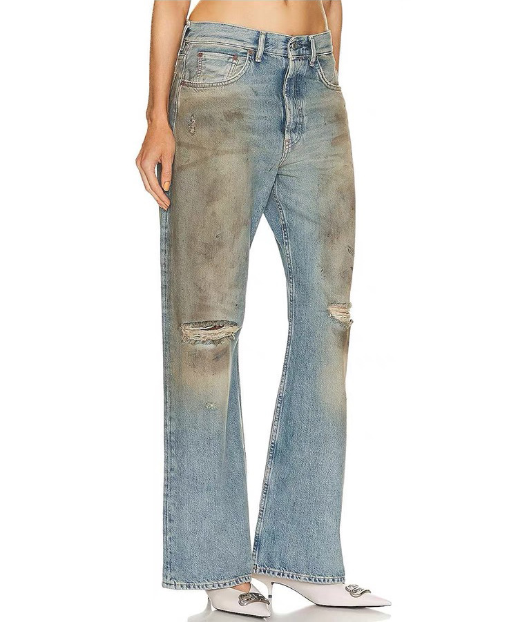 womens Nordic minimalist high waisted loose straight leg dirty pants nostalgic ripped jeans Z260313