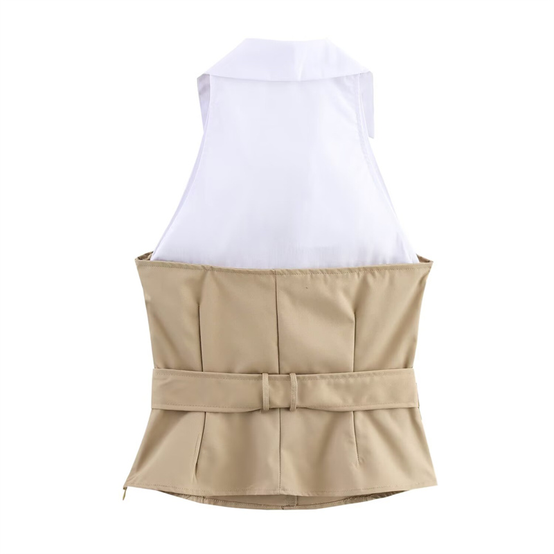 2025 Spring New Product Women's Fashion Matching Belt Hanging Neck Collar Splicing Fashion Sleeveless Horse Clip Flip Collar Top