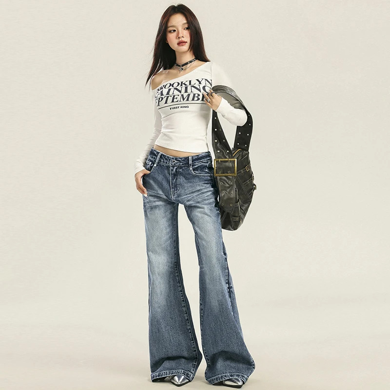 Autumn womens streetwear washed denim pants vintage straight pants casual loose fit high waist wide leg jeans 250321