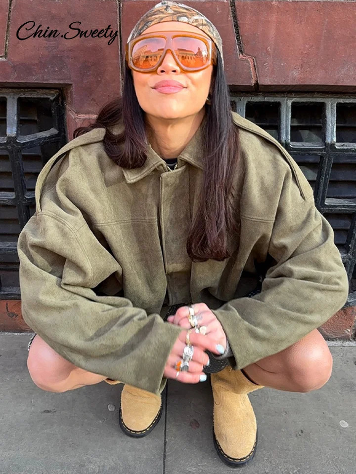Brown Green Suede Jacket Women Lapel Zipper Long Sleeve Pockets Bomber Coat 2025 Spring Autumn Lady Loose Motorcycle Outwears 250325