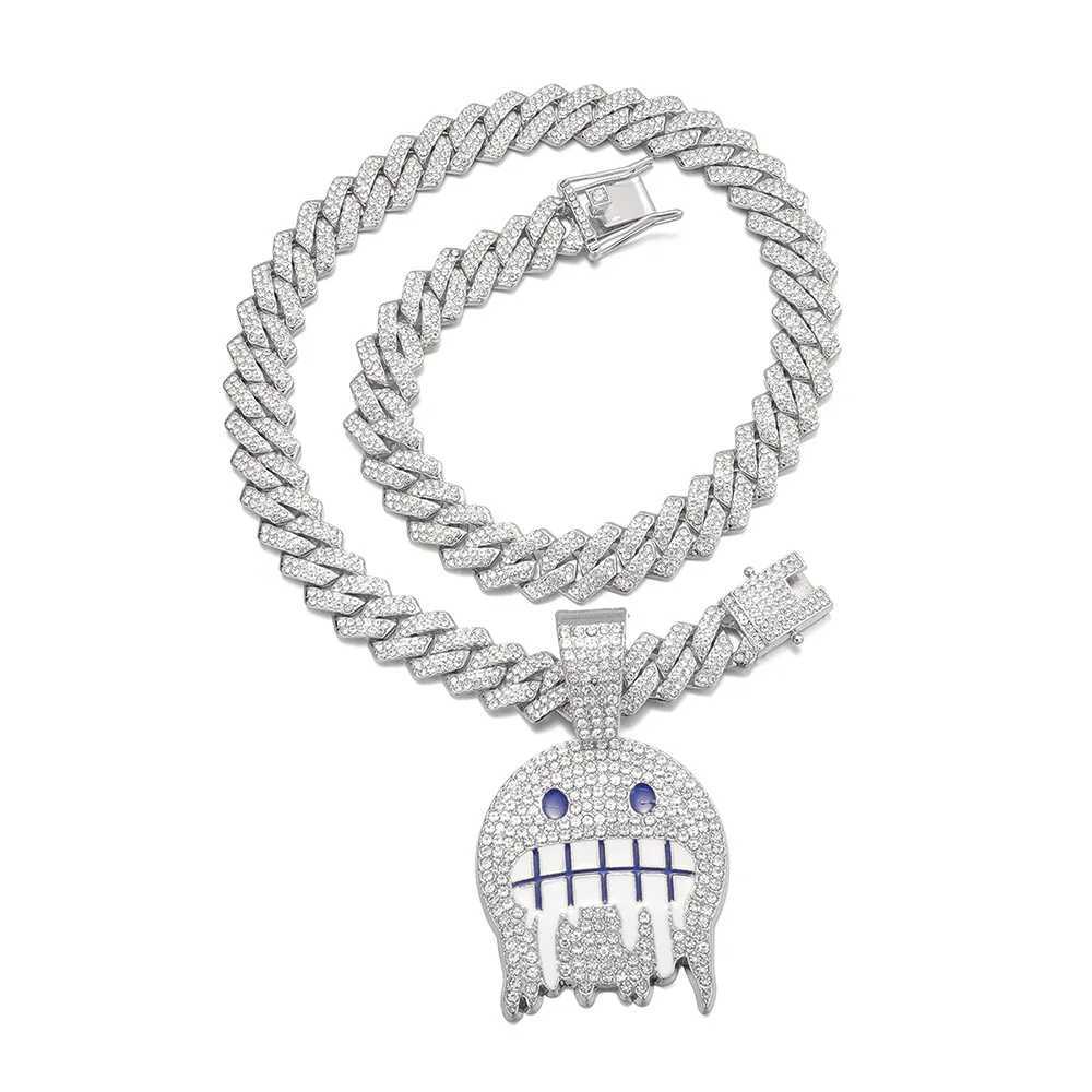 Mens white and blue cubic zirconia pendant hip-hop round face pendant necklace with cubic chain sparkling CZ fashionable boys jewelry W250325