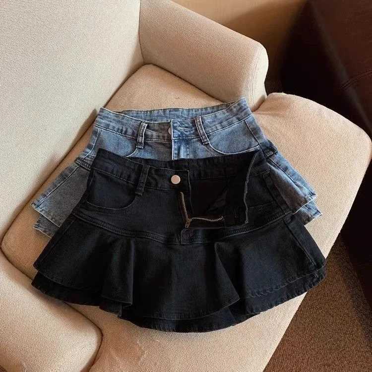 Cake skirt girl denim skirt summer new elastic waist childrens clothing shorts 2024 solid color fashion sweet fur pleatsT250325