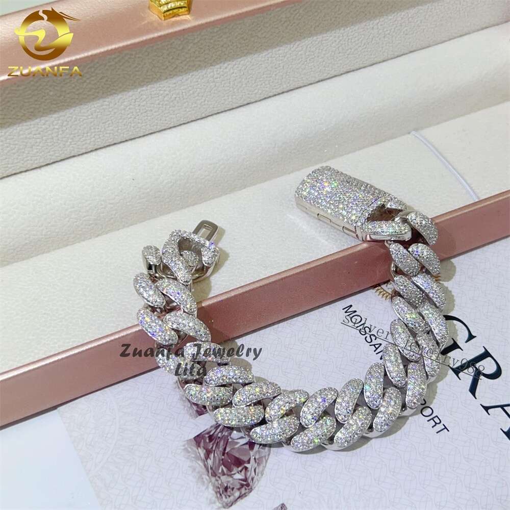 Hip Hop Rapper Silver 925 Mens Jewelry Iced Out Diamond 15mm 3 Rows Moissanite Cuban Link Chain Bracelet