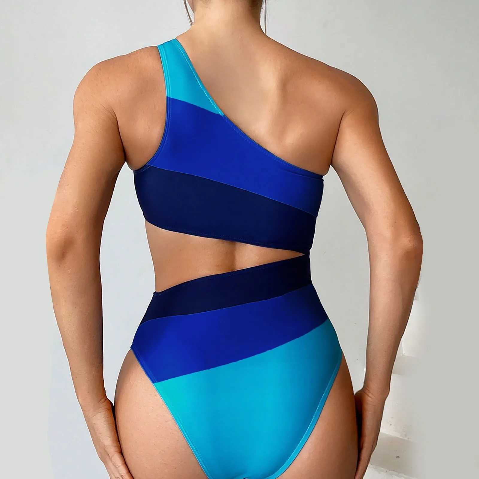 Single shoulder swimsuit cut color block bikini set womens color block high waist swimsuit sports swimsuit 2024 trendXJ250324