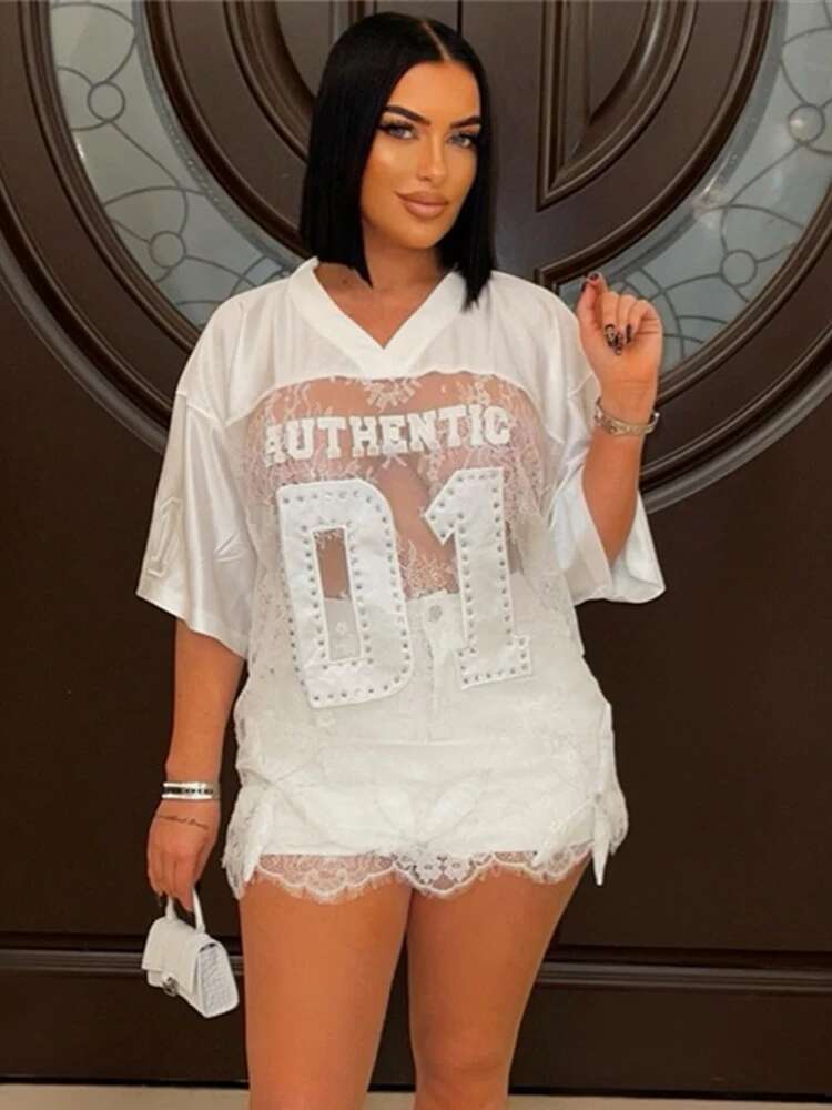 Weird Puss Jacquard Letter Print T-Shirts Women V-Neck See Through Backless Loose Short Sleeve Y2k Sexy Trend Streetwear Tops