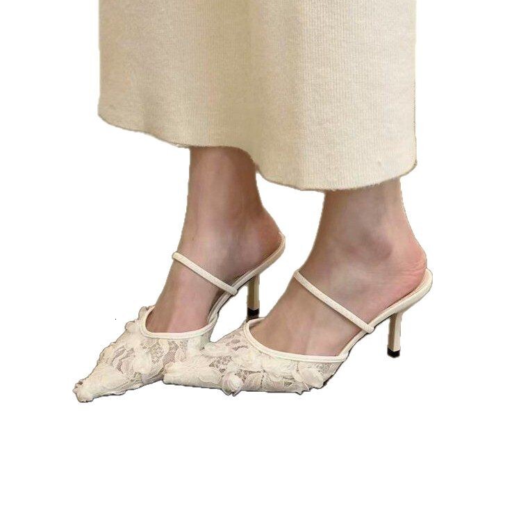 2025 Summer New Pink Mist Rose Soft Pointed Strap with Baotou Thin Heel Women's Half Slippers Designer Fashion Mesh Sandals1