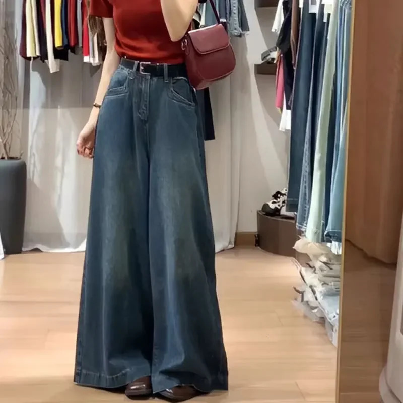 Womens high waisted retro straight leg denim mens loose and loose wide leg pull pants fashion version 250321