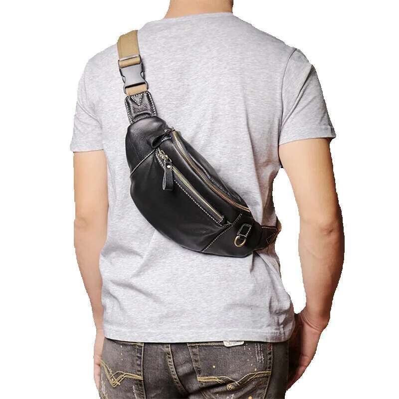 ROOG Stylish Black Genuine Leather Chest Versatile Multi-Pocket Casual Waist Bag | Great For Travel And Everyday Use