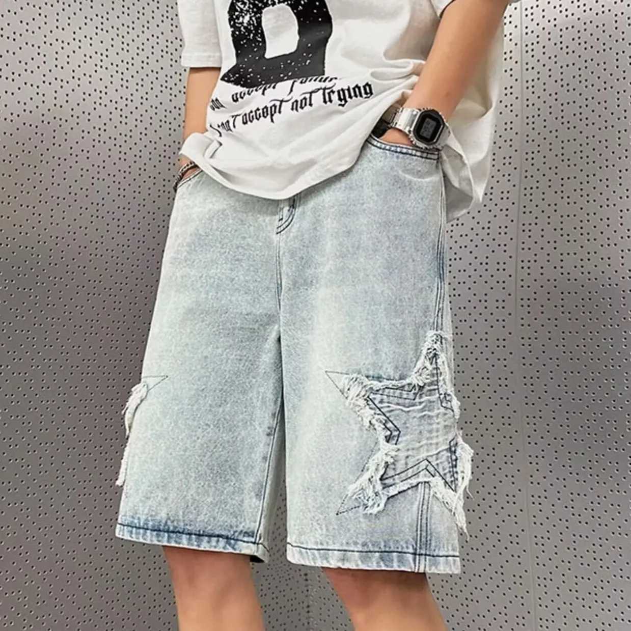 Star Patchwork Yellow Clay Color Jeans Summer Men Denim Shorts Trendy Streetwear Five-point Pants Straight Jeans Shorts T250603
