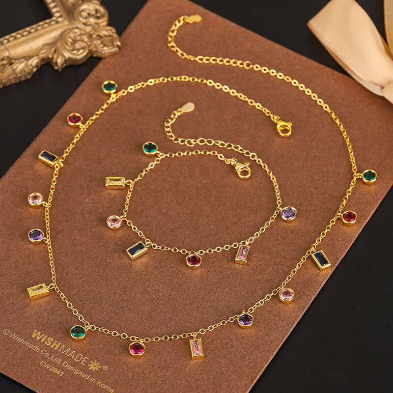 Zhuang Shengsheng Women's New Personalized Color blocked Glass Stone Bracelet Necklace Temperament Female Jewelry