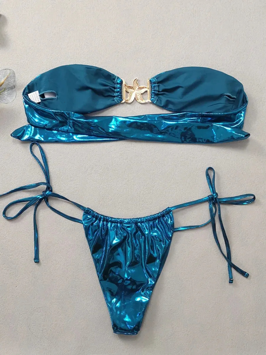 2025 Shiny 2-piece Swimsuit for Womensolid Color Glossy Strapless Thong Bikinisexy Starfish Accessories Beach Swimwear 250325